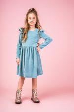 Welurowa sukienka z długim rękawem Niebieska - obrazek 2