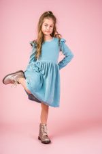 Welurowa sukienka z długim rękawem Niebieska - obrazek 3