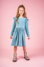 Welurowa sukienka z długim rękawem Niebieska - obrazek 4