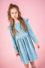 Welurowa sukienka z długim rękawem Niebieska - obrazek 6